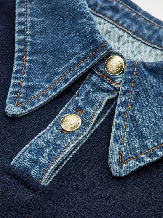 COMMENSE | 2 in 1 Panel Lapel Sweater with Denim Accent (S)
