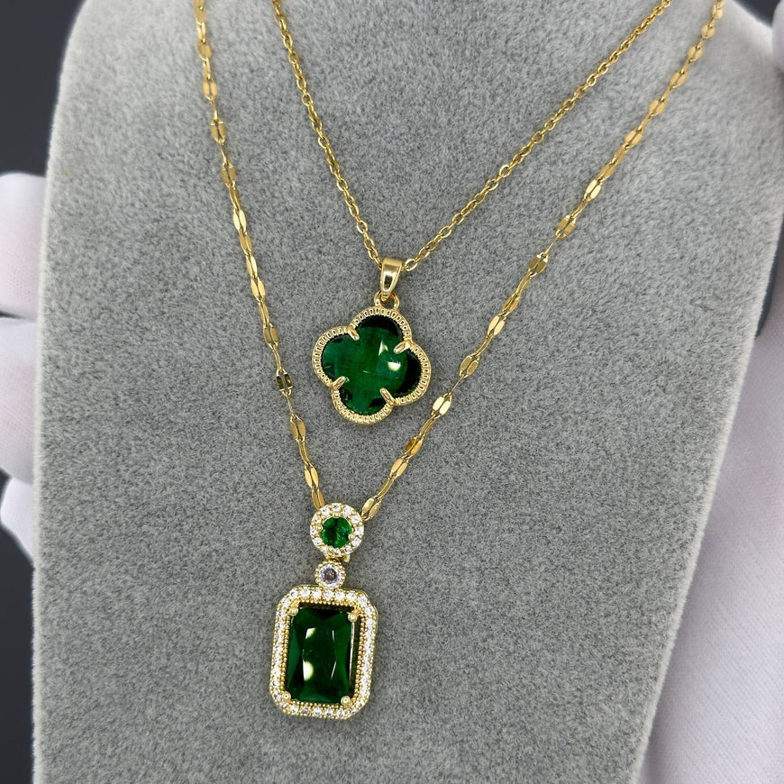 Necklace-18K Plated/Emerald Stone/CZ