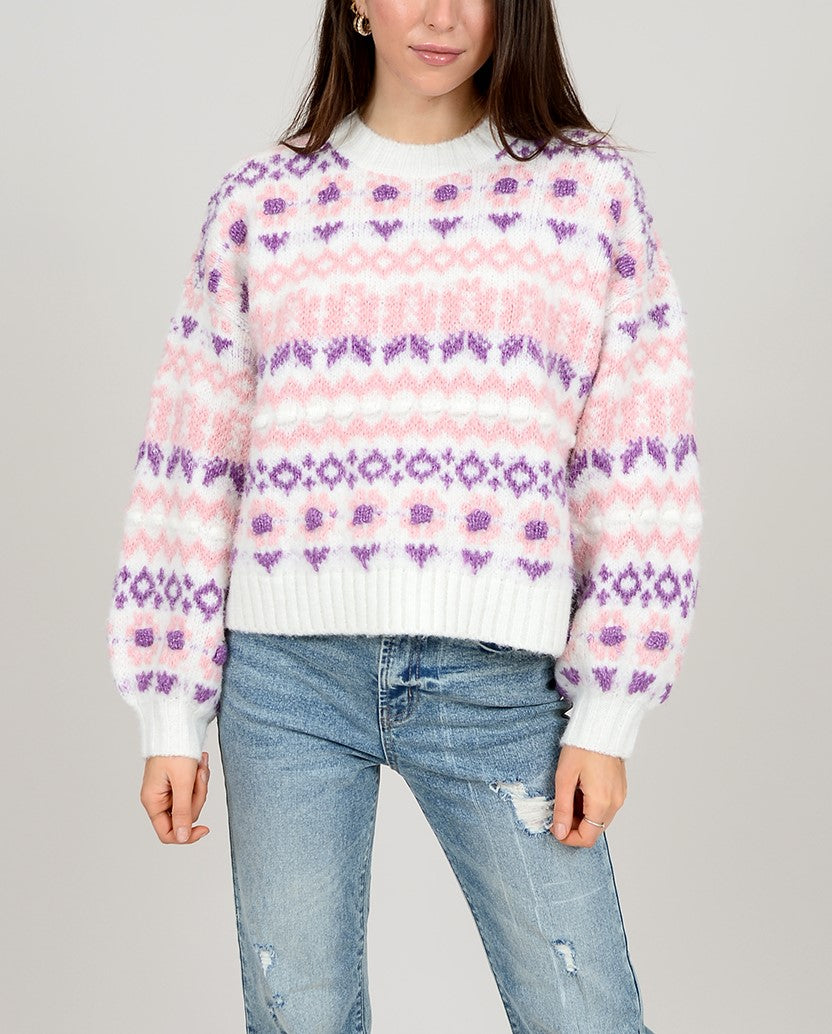 RD Style Knitted Flower Print Sweater