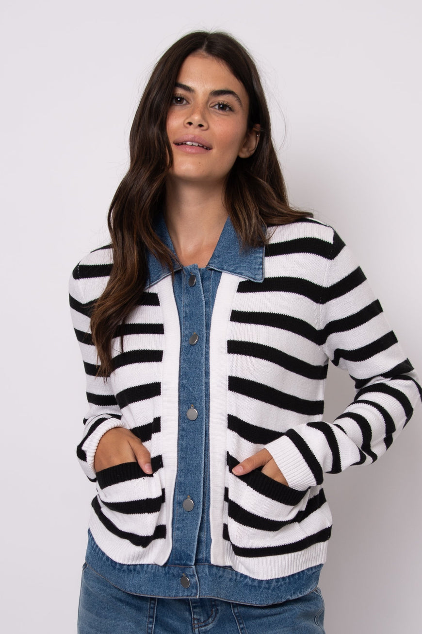 AMORIE-Cardigan with Denim Trim