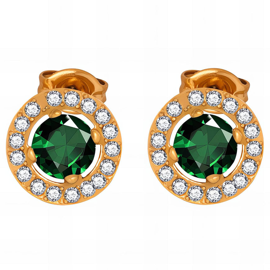 Earrings- 18K Plated/Green Stone & CZ Studs