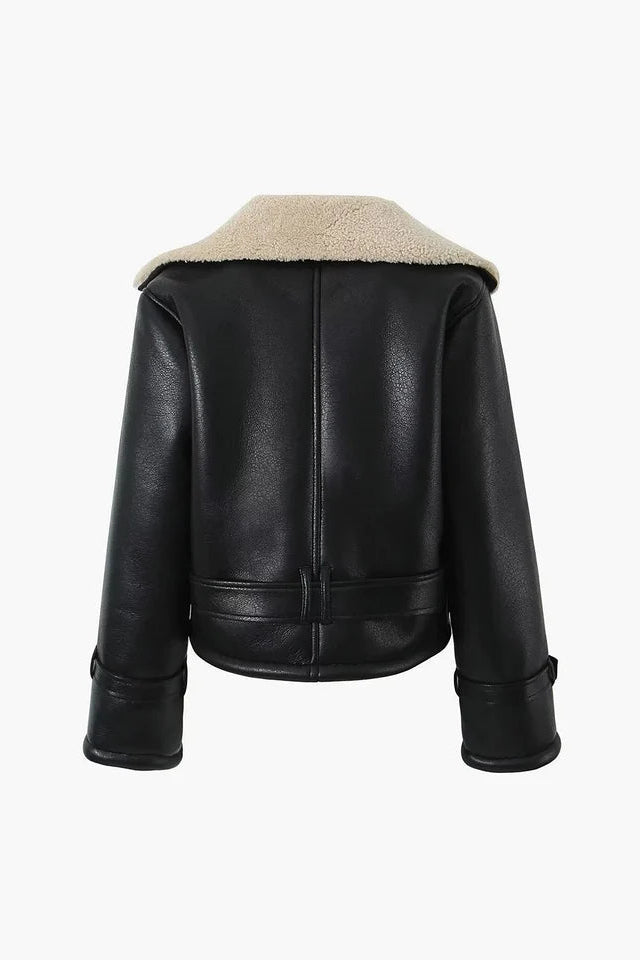 COMMENSE-Sherpa Lined Shearling Leather Flight Jacket