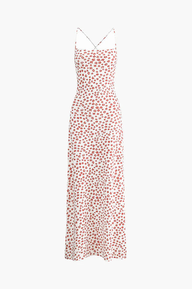 COMMENSE | Strappy Floral Print Crisscross Flowy Long Sundress (L)