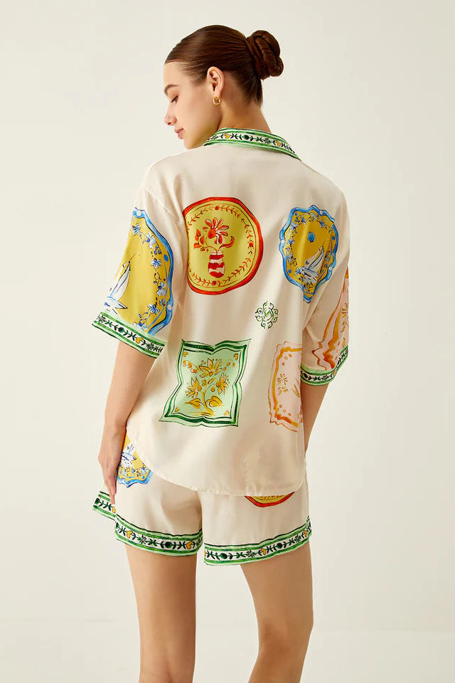 COMMENSE | Loosen Printed Satin Shorts Set (S)