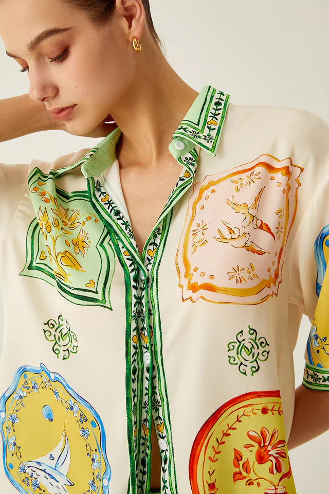 COMMENSE | Loosen Printed Satin Shorts Set (S)