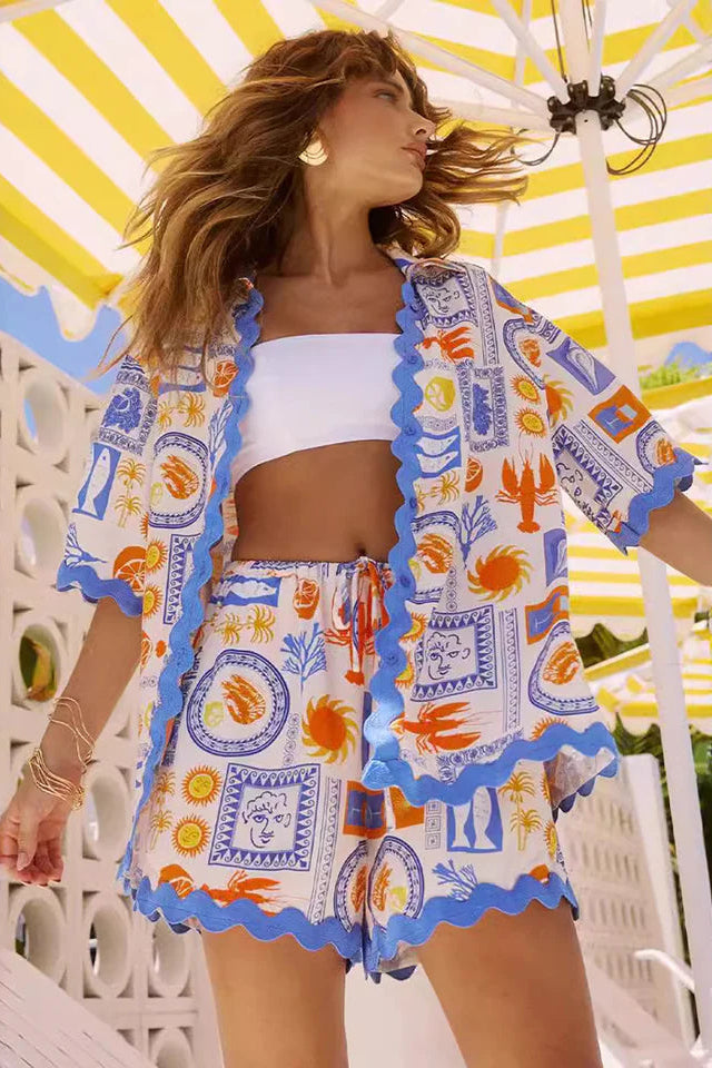 COMMENSE | Printed Button Down Shirt With Shorts Set (M)