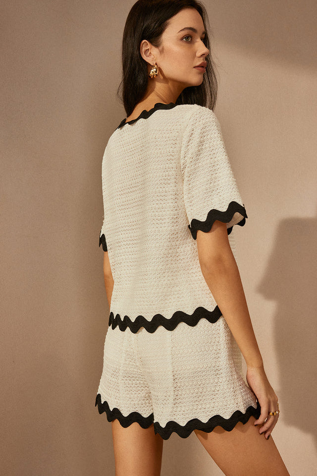 COMMENSE | Contrast Trim V-Neck Shorts Set (M)