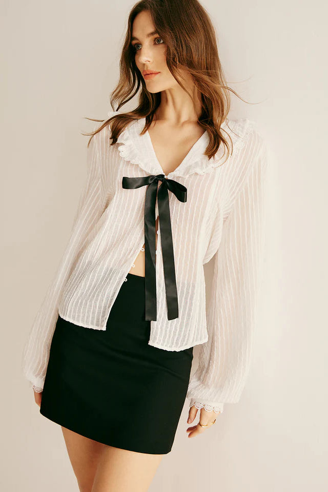 COMMENSE | Ruffle Neck Pinstripe Semi-Sheer Shirt (XL)