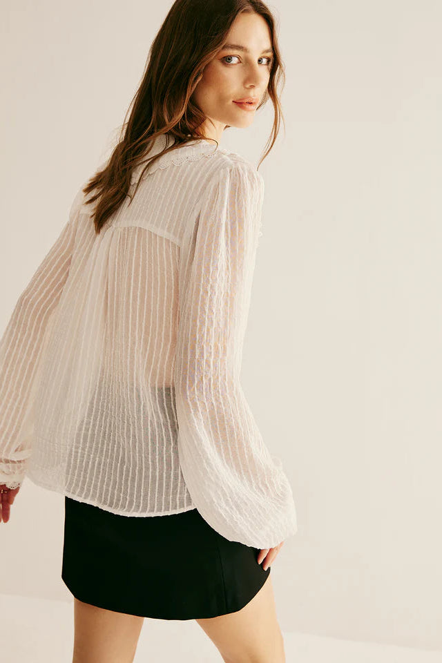COMMENSE | Ruffle Neck Pinstripe Semi-Sheer Shirt (XL)