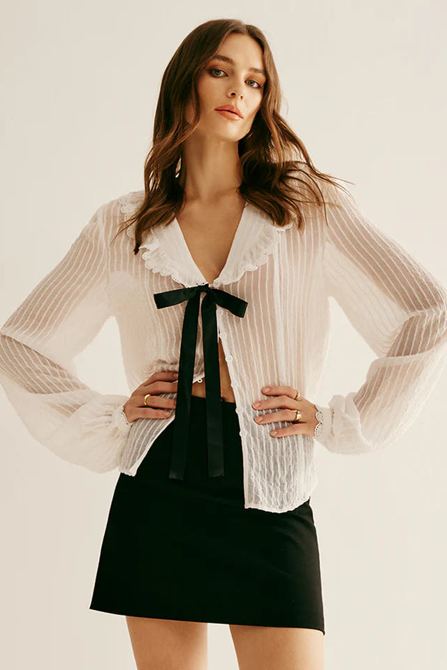 COMMENSE | Ruffle Neck Pinstripe Semi-Sheer Shirt (XL)