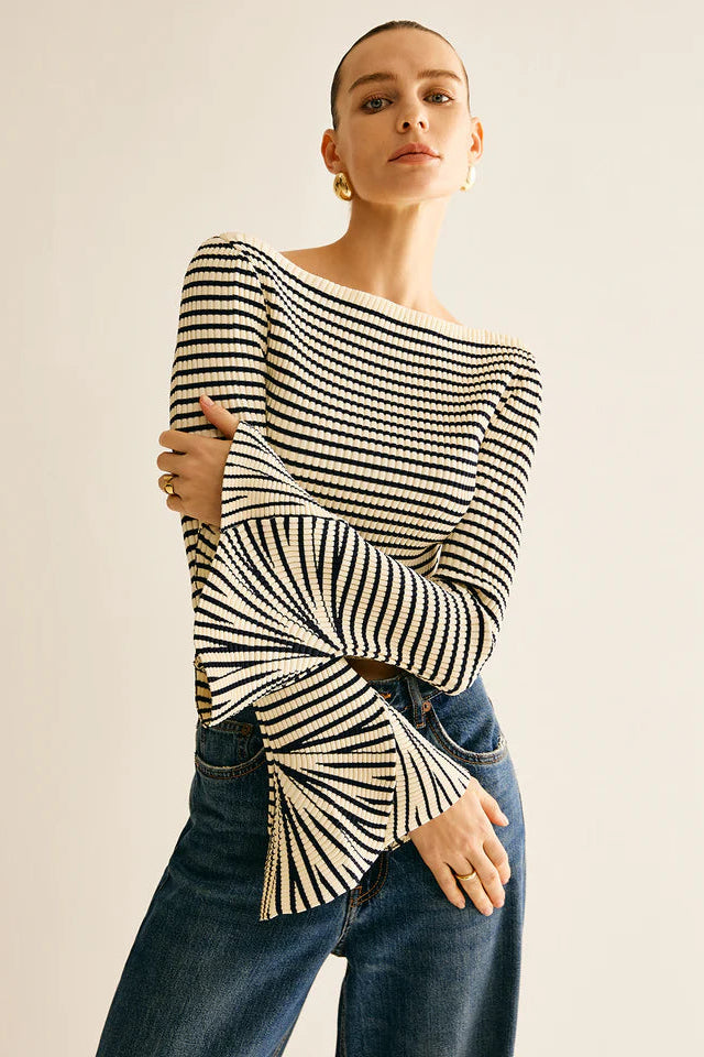 COMMENSE | Striped Ruffle Sleeve Knit Top (L)