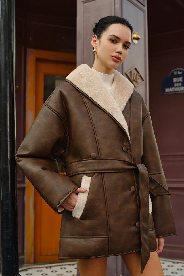 COMMENSE | Pockets Belted Faux Leather Fleece Jacket (M)