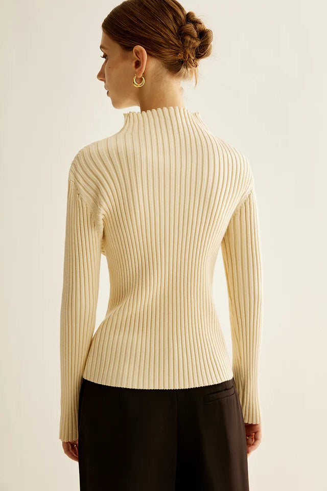 COMMENSE | Mock-Neck Ribbed Cinched Sweater (M)