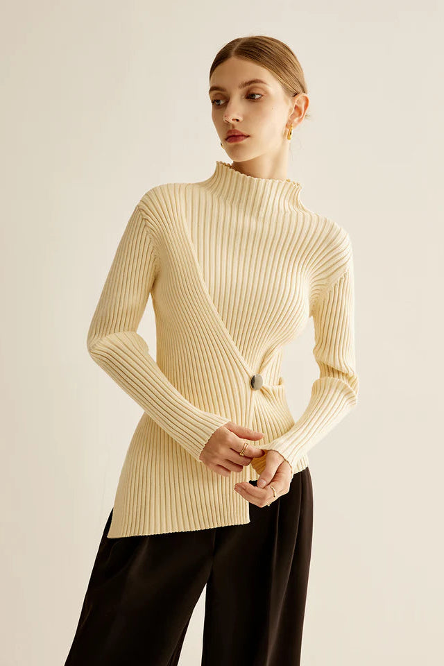 COMMENSE | Mock-Neck Ribbed Cinched Sweater (M)
