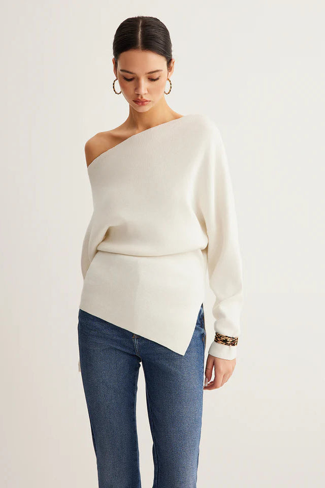 COMMENSE | Wool-Blend Asymmetrical Neck Knit Top (XS)