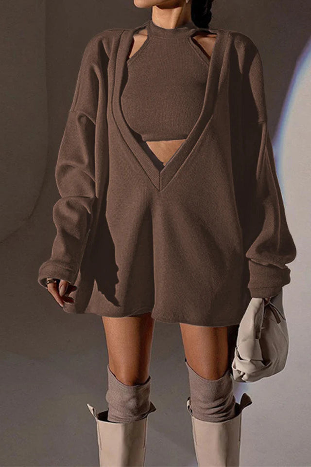 COMMENSE | Solid Ribbed Knit Sweatshirt with Vest (S)