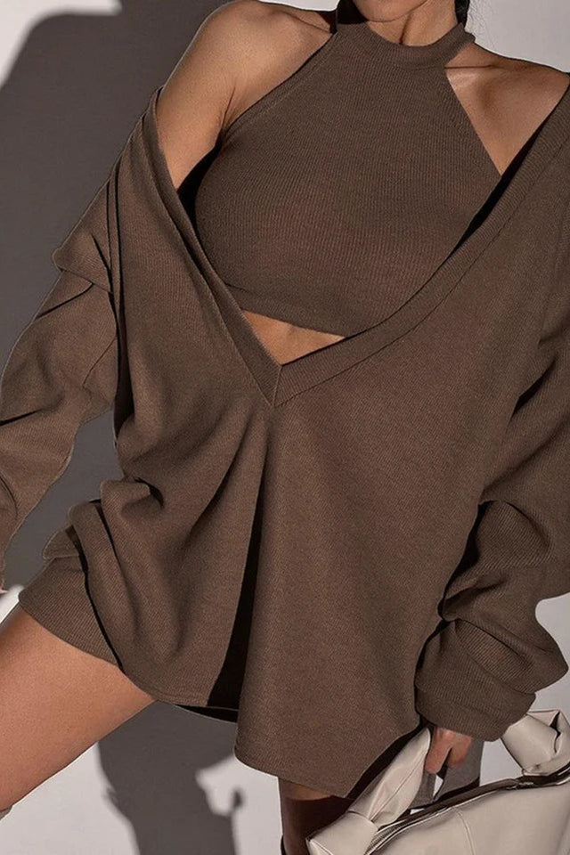 COMMENSE | Solid Ribbed Knit Sweatshirt with Vest (S)