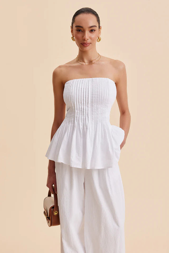 COMMENSE | Cotton Pleated Strapless Peplum Top (XS)