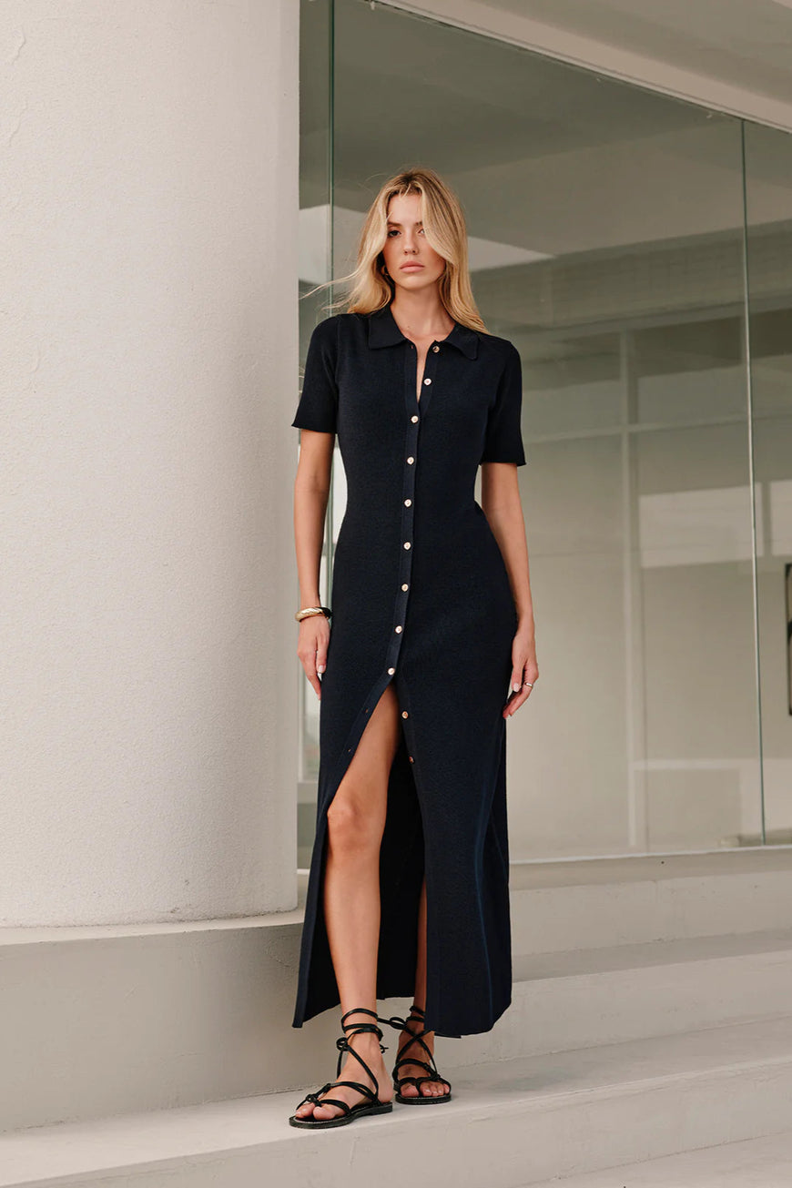 COMMENSE | Metal Button Collar Midi Knit Dress