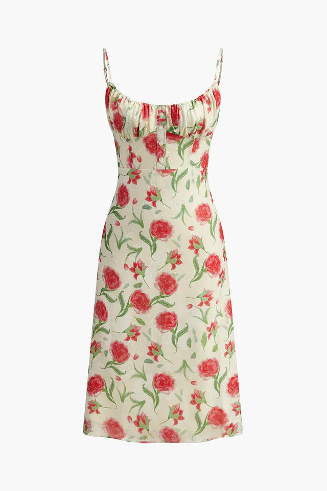 COMMENSE | Floral Ruched Button Detail Dress (S)