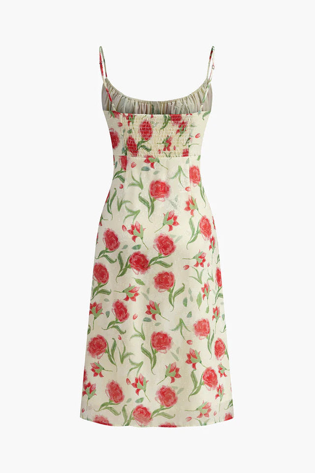 COMMENSE | Floral Ruched Button Detail Dress (S)