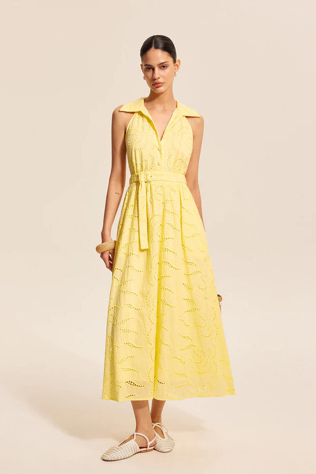 COMMENSE | Cotton Belted Embroidered Dress (L)