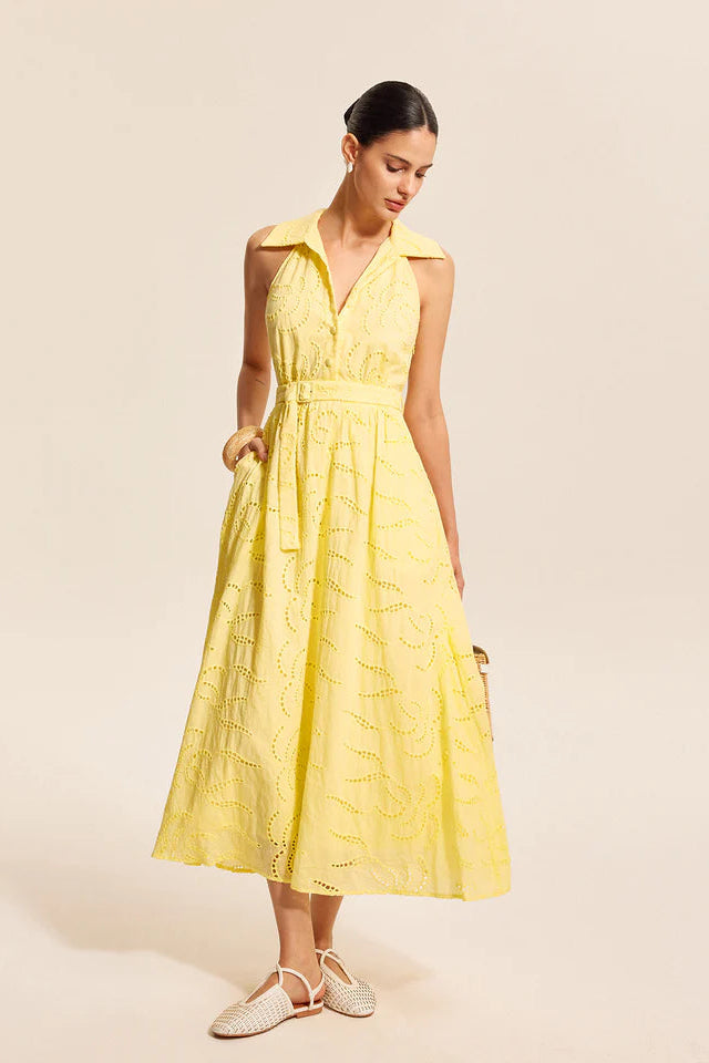COMMENSE | Cotton Belted Embroidered Dress (L)