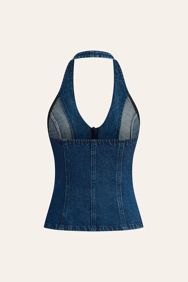 COMMENSE | Halter Neck Button Detail Denim Top (XL)