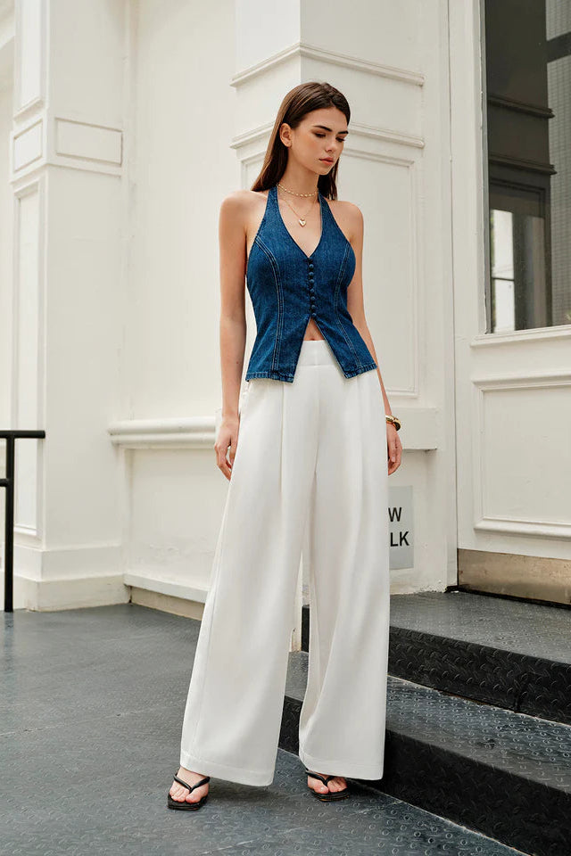 COMMENSE | Halter Neck Button Detail Denim Top (XL)