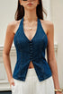 COMMENSE | Halter Neck Button Detail Denim Top (XL)