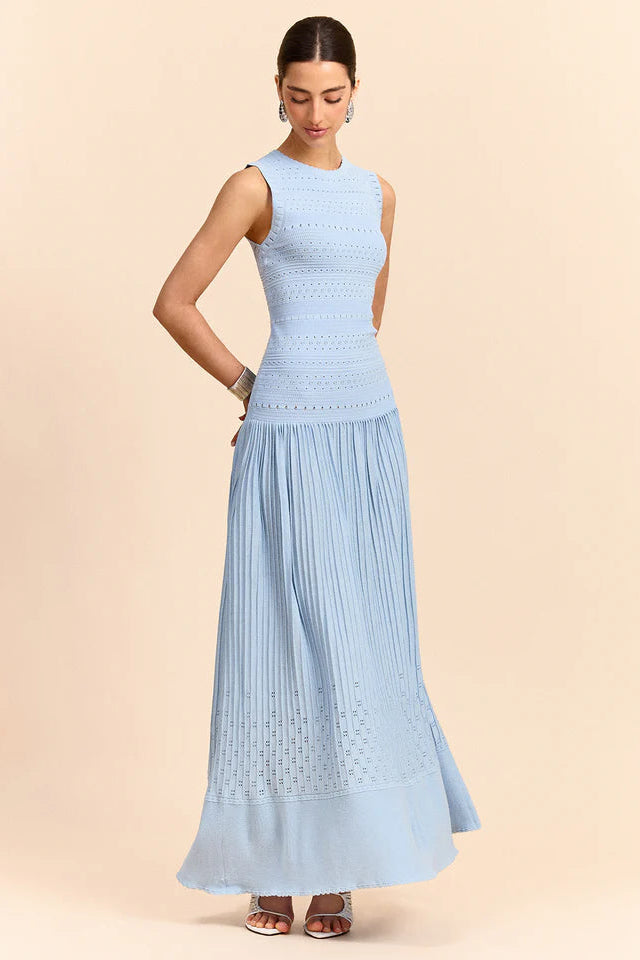 COMMENSE | Sleeveless Knit Eyelet Pleated Maxi Dress (S)