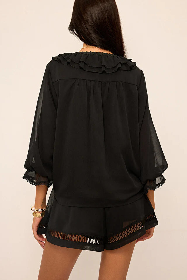 COMMENSE | Ruffled Button Chiffon Top and Shorts Set (XS)