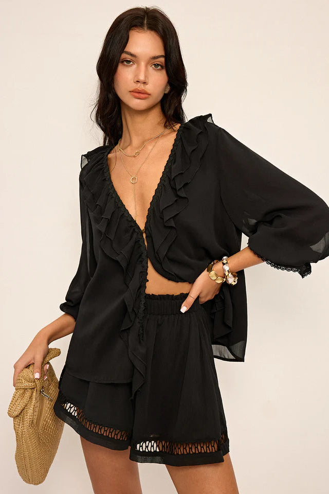 COMMENSE | Ruffled Button Chiffon Top and Shorts Set (XS)