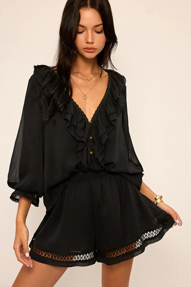 COMMENSE | Ruffled Button Chiffon Top and Shorts Set (XS)