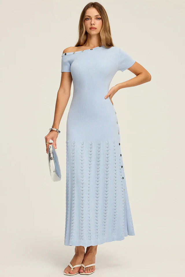 COMMENSE | One-Shoulder Button Detail Knit Maxi Dress (L)