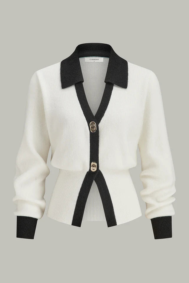 COMMENSE | Contrast Trim Button Wool Blend Cardigan (S)