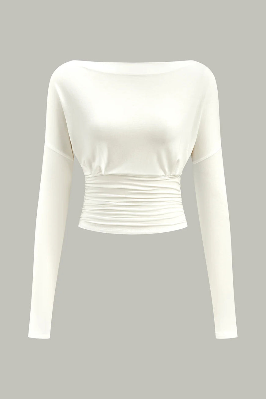 COMMENCE - Semi-Sheer Ruched Waist Long-Sleeve Top (L)