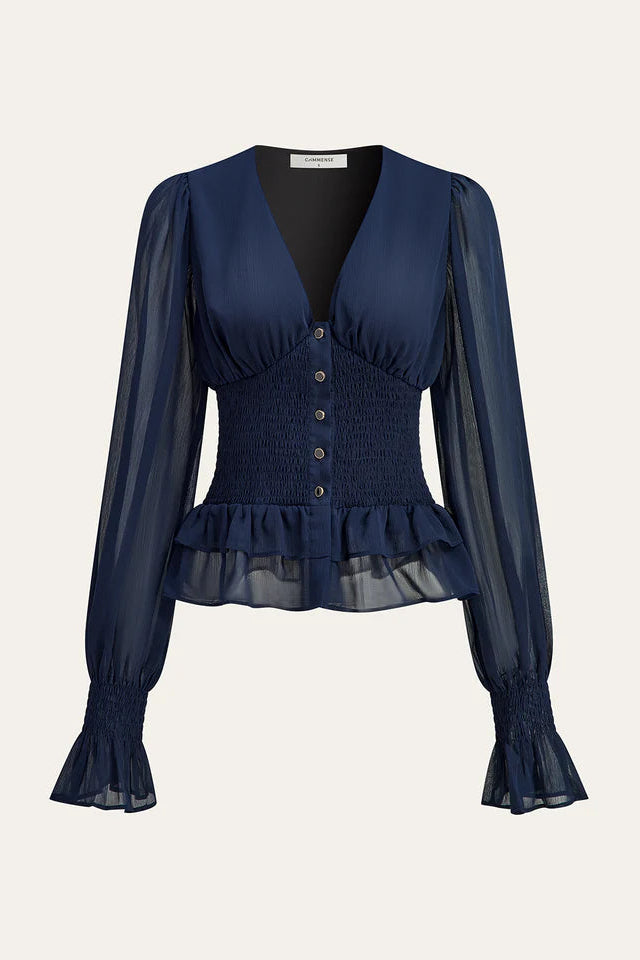 COMMENSE | Mesh Paneled Ruffles Hem Smocked Waist Blouse (XS)