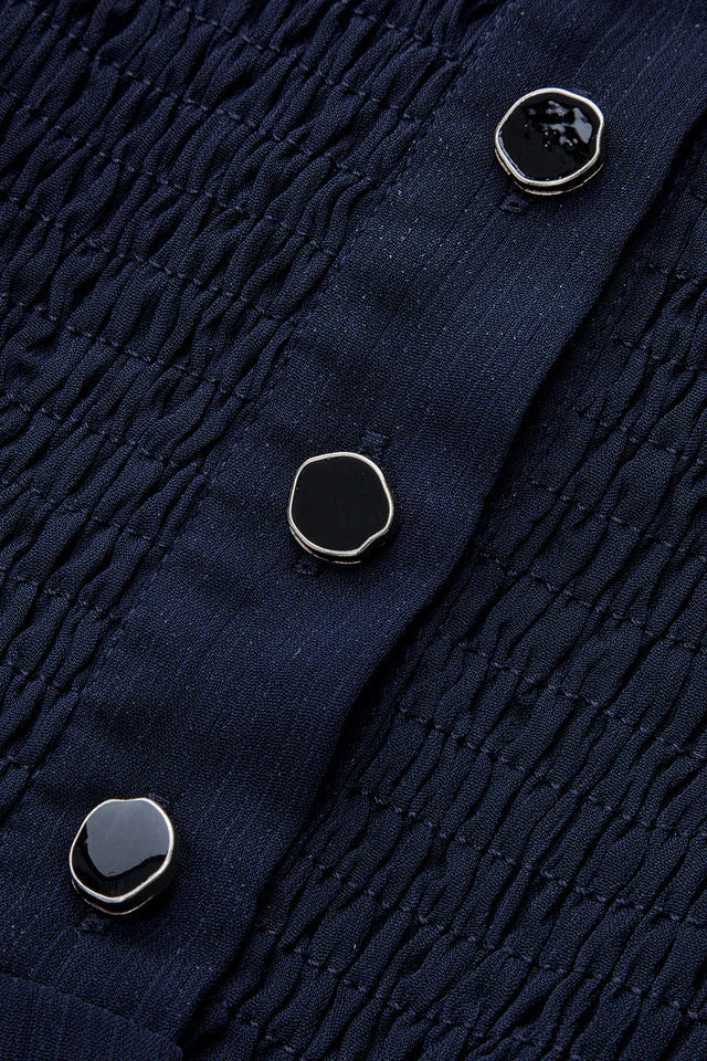 COMMENSE | Mesh Paneled Ruffles Hem Smocked Waist Blouse (XS)