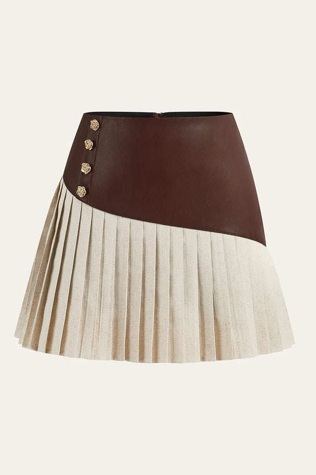 COMMENSE | PU Panel Cotton & Linen Pleated Mini Skirt (L)