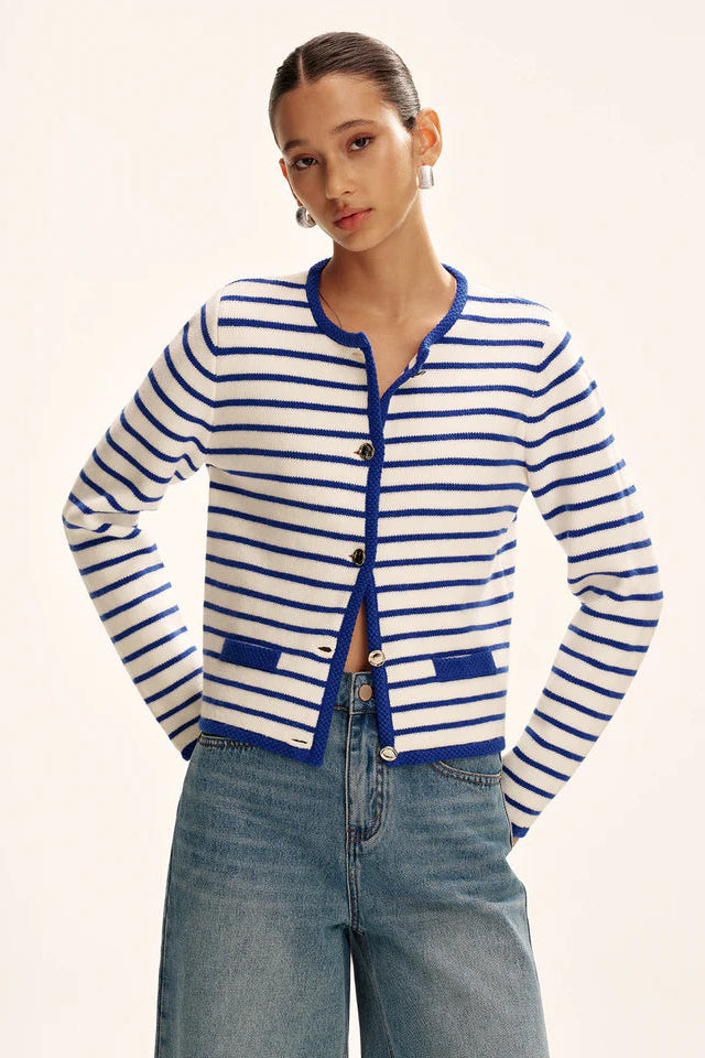 COMMENSE | Striped Contrast Trim Knit Cardigan (XL)