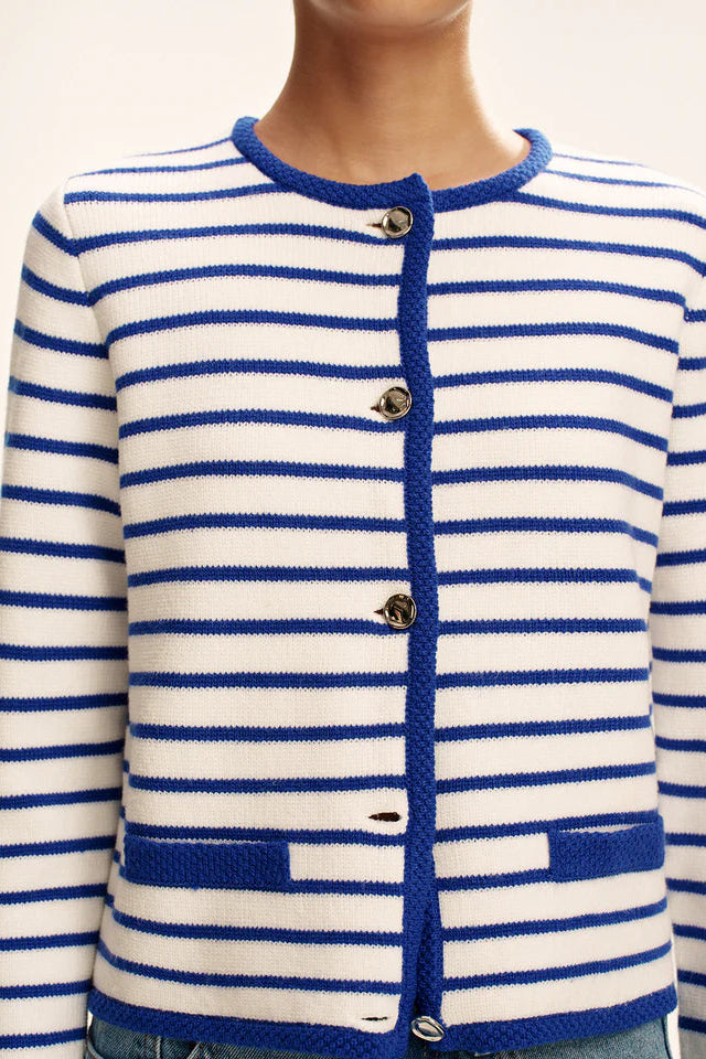 COMMENSE | Striped Contrast Trim Knit Cardigan (XL)