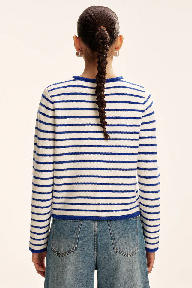 COMMENSE | Striped Contrast Trim Knit Cardigan (XL)