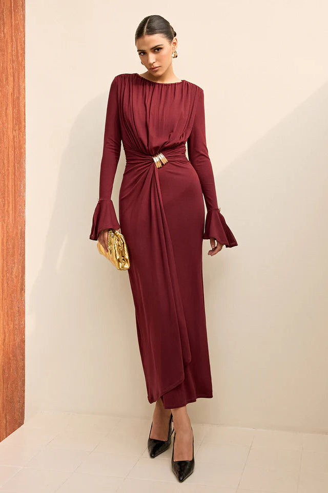 COMMENSE | Long-Sleeve Draped Maxi Dress (L)