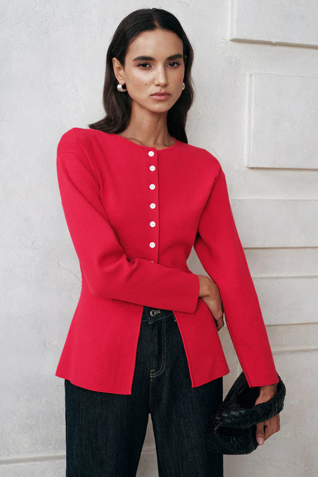 COMMENSE | Button Front Long Sleeve Knit Top (XS)