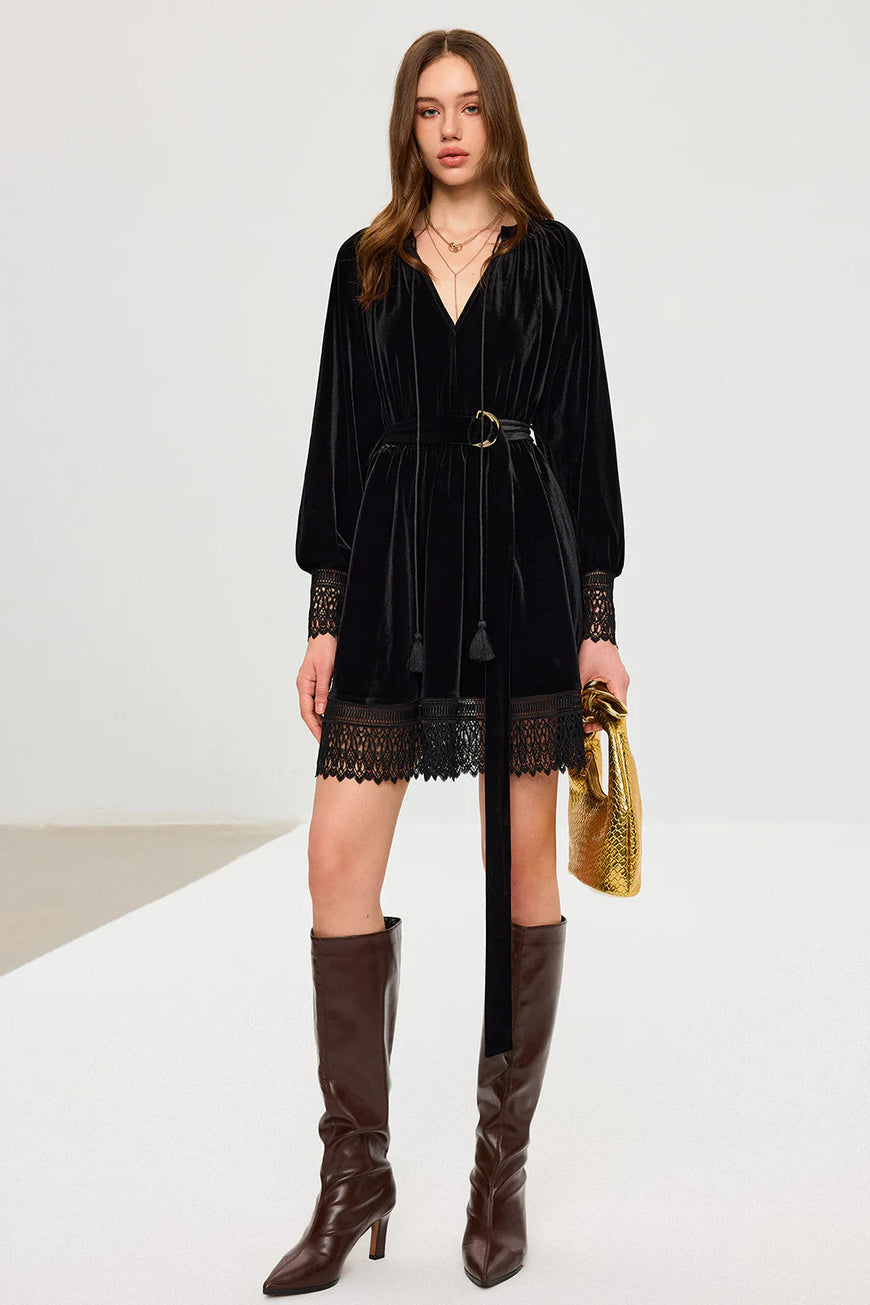 COMMENSE | Velvet Belted Lace Trim Dress (M)