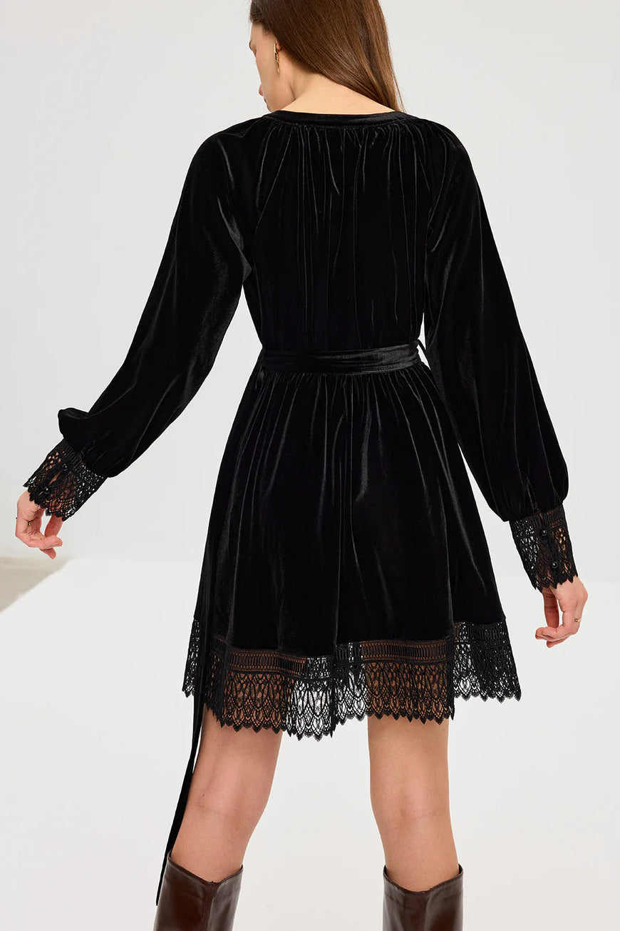 COMMENSE | Velvet Belted Lace Trim Dress (M)