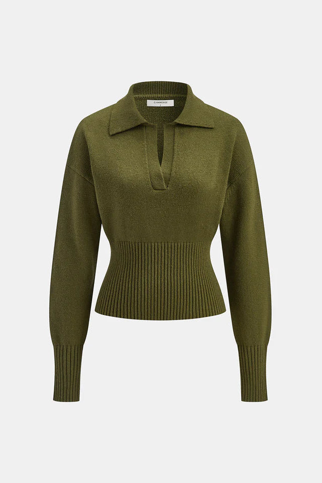 COMMENSE | Ribbed Wool Blend Polo Knit Top (XS)