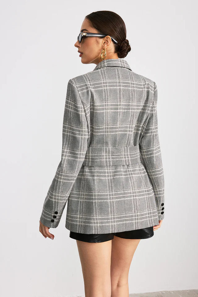 COMMENSE | Plaid Cotton Blend Blazer with Wide Belt (M)