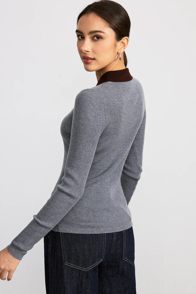 COMMENSE | Contrast Collar Wool Blend Ribbed Knit Top (S)